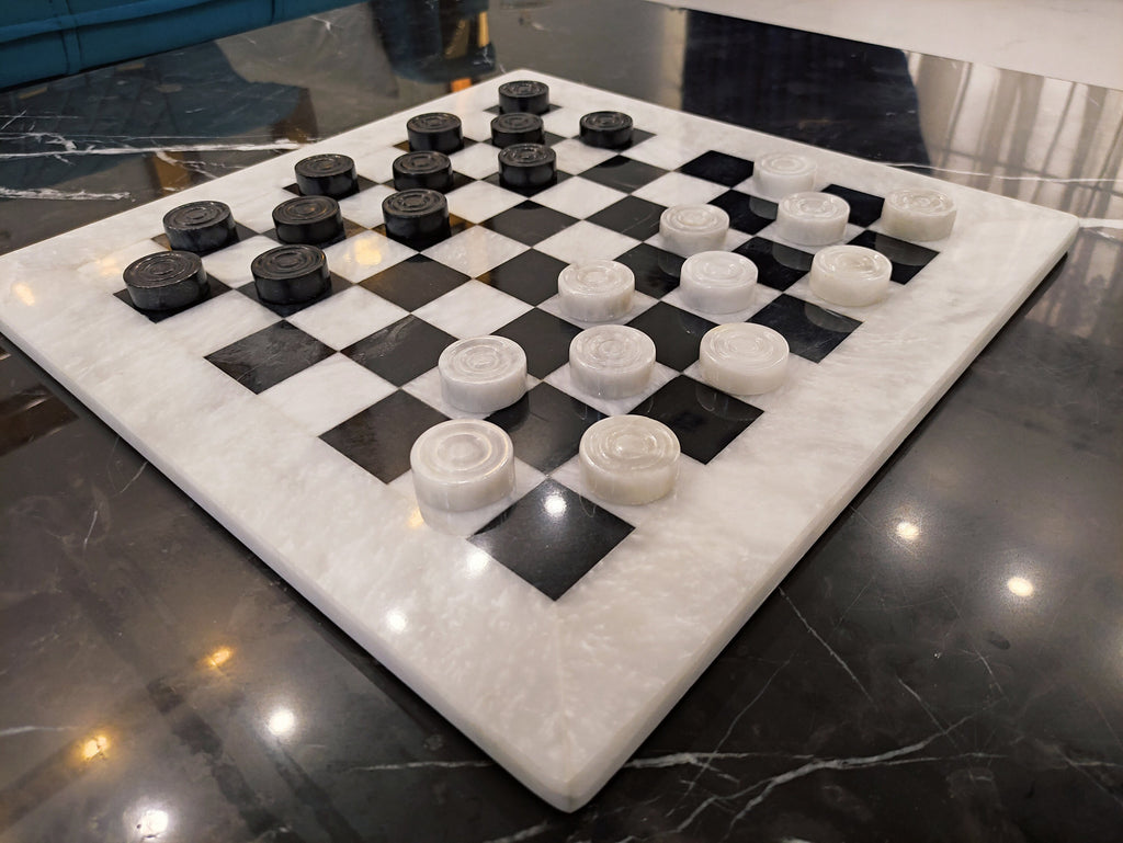 Handmade Marble Checkers Set – 15" White & Black Draughts Board Game