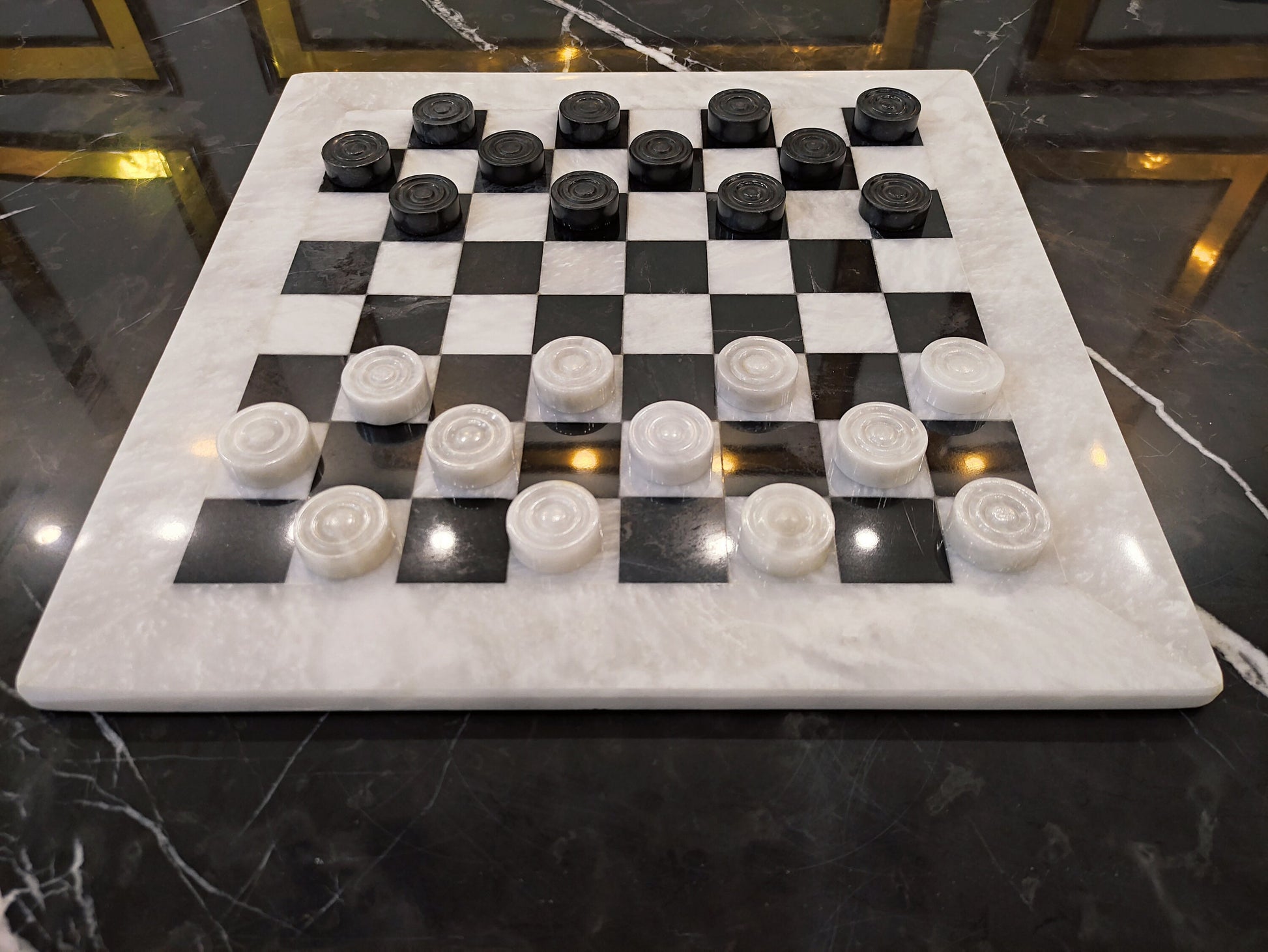 Handmade Marble Checkers Set – 15" White & Black Draughts Board Game