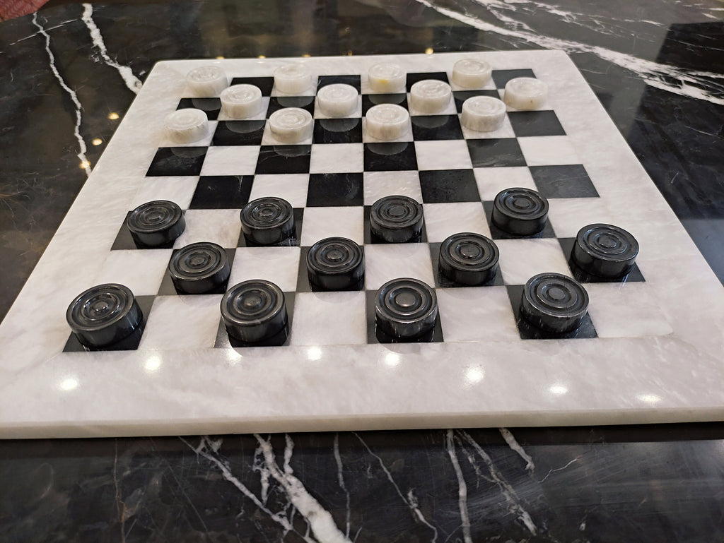 Handmade Marble Checkers Set – 15" White & Black Draughts Board Game