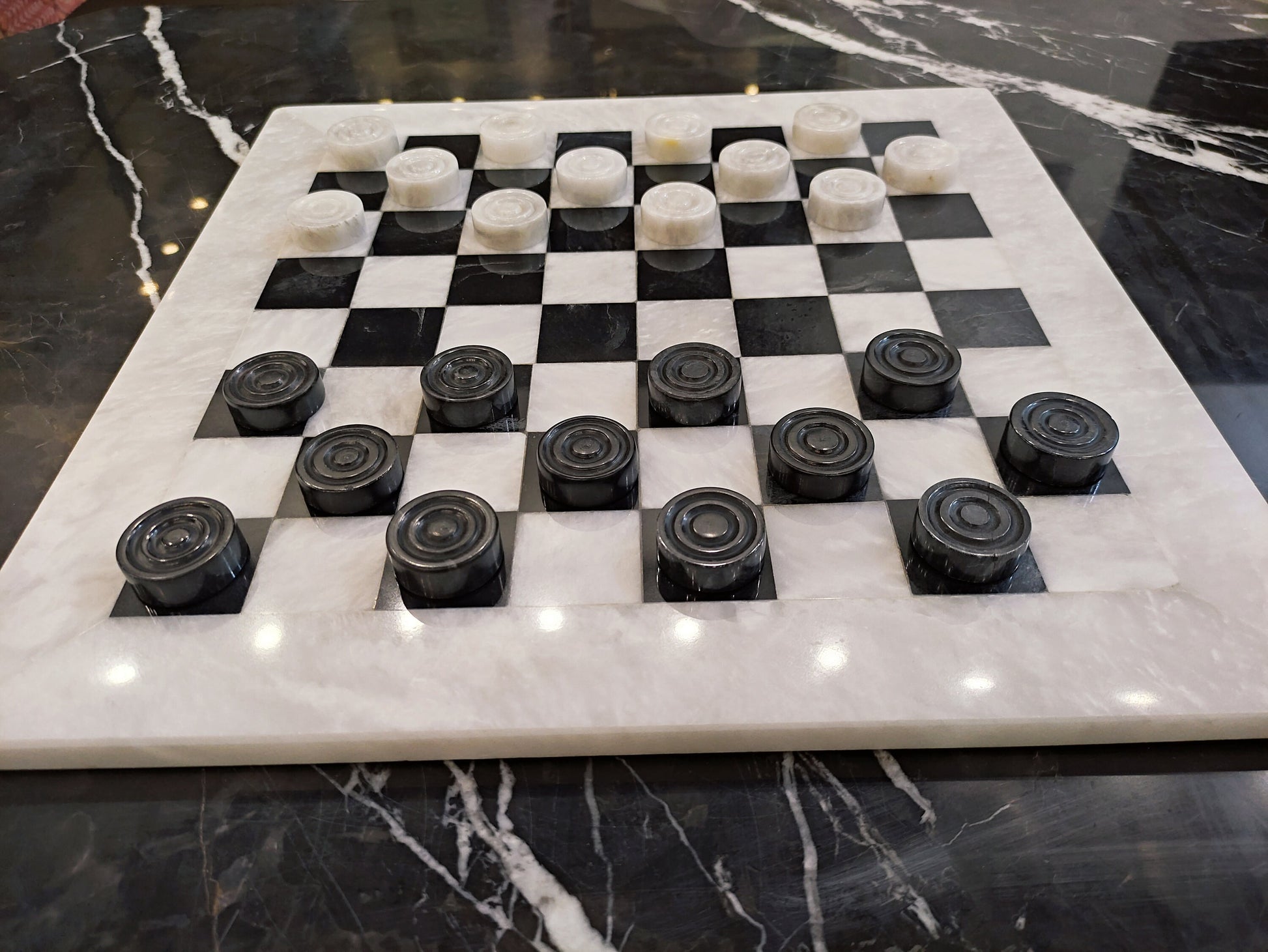 Handmade Marble Checkers Set – 15" White & Black Draughts Board Game
