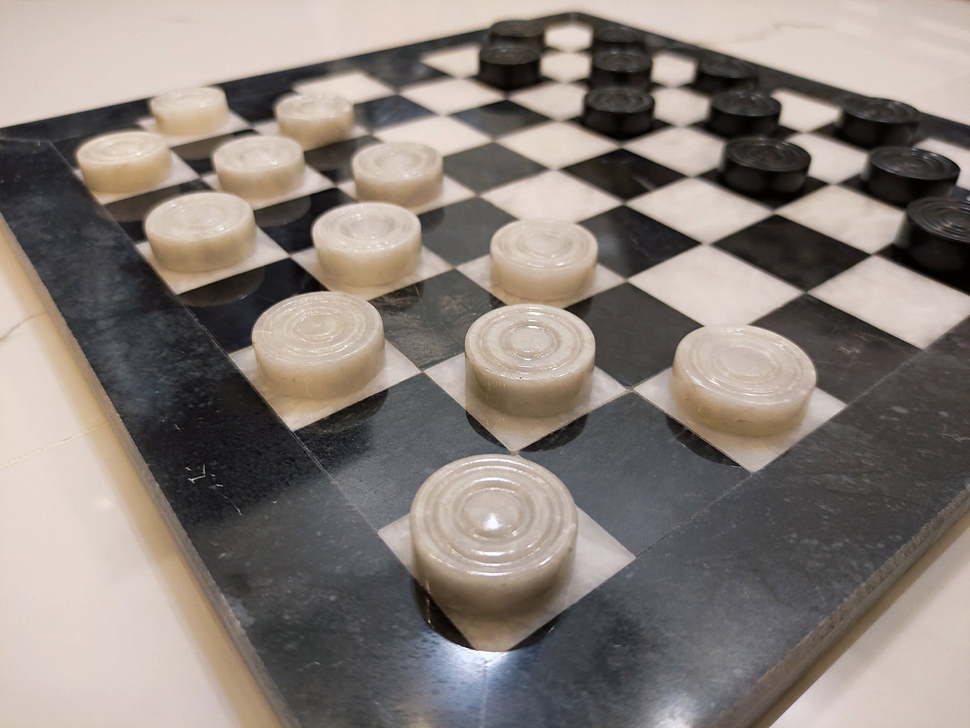 Luxury Handmade Marble Checkers Set – 15" Black & White Board Game