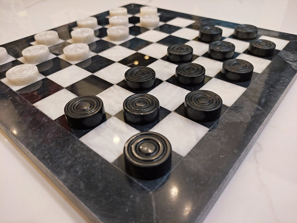 Luxury Handmade Marble Checkers Set – 15" Black & White Board Game