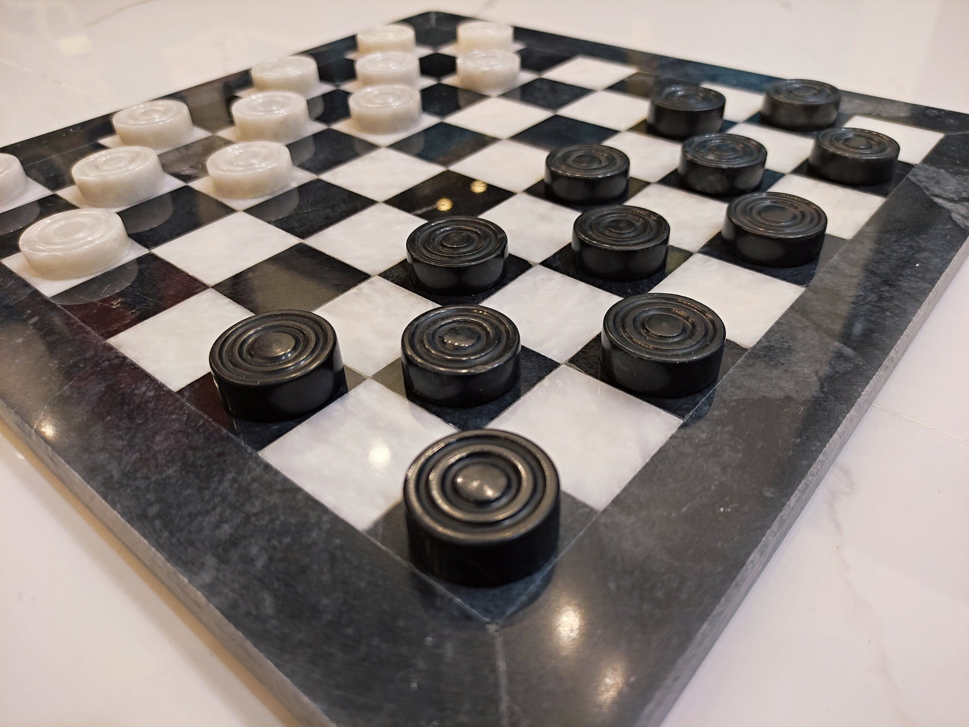 Luxury Handmade Marble Checkers Set – 15" Black & White Board Game