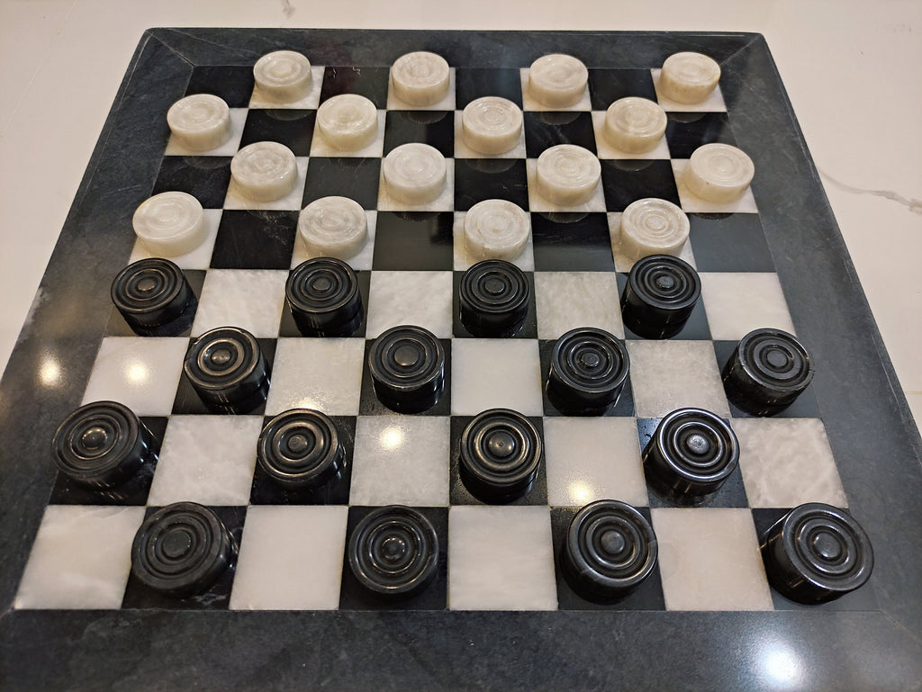Luxury Handmade Marble Checkers Set – 15" Black & White Board Game