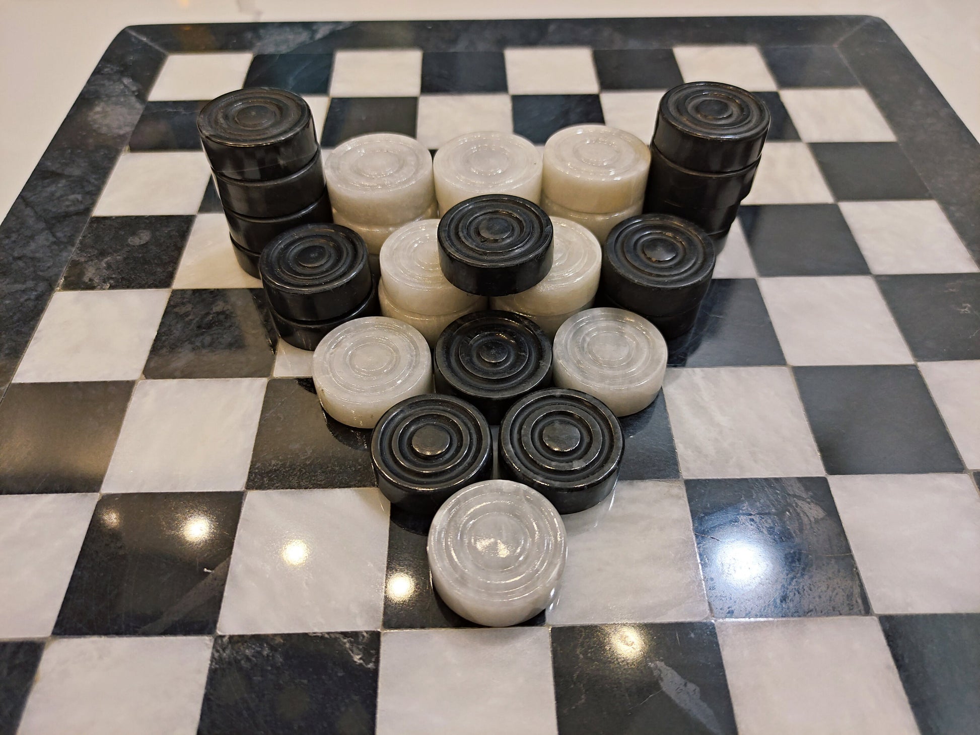 Luxury Handmade Marble Checkers Set – 15" Black & White Board Game