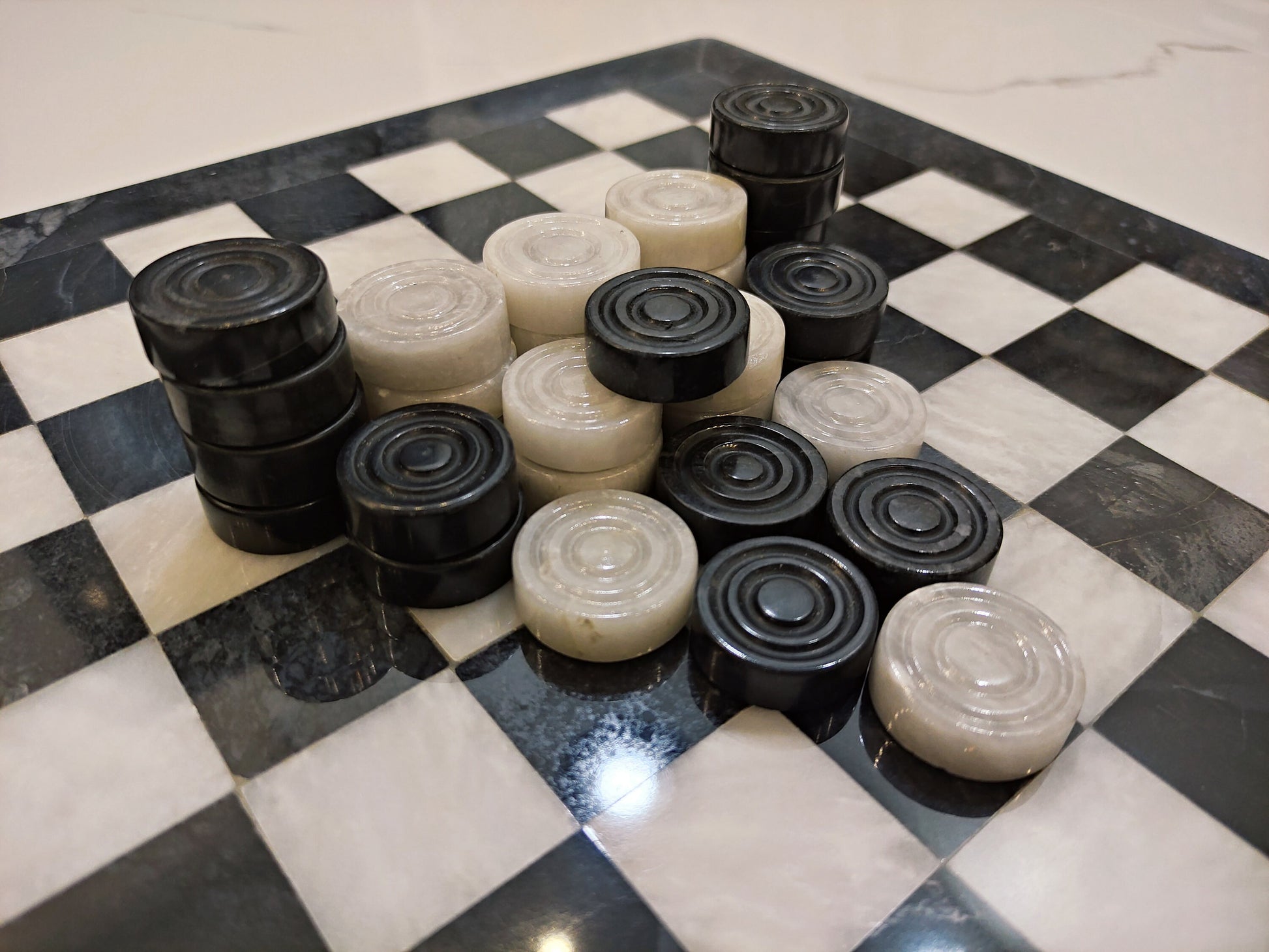 Luxury Handmade Marble Checkers Set – 15" Black & White Board Game
