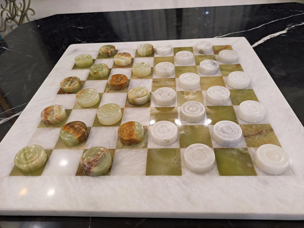 Handmade Onyx Green Marble Checkers Set – 15” Board | PinnacleVista