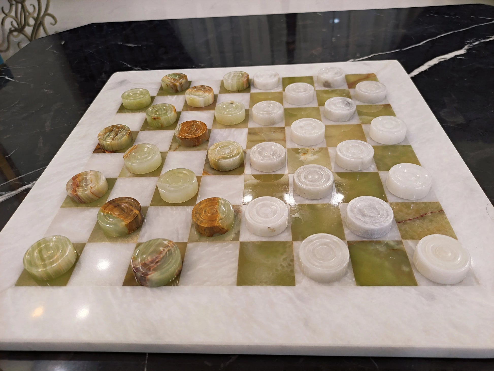 Handmade Onyx Green Marble Checkers Set – 15” Board | PinnacleVista