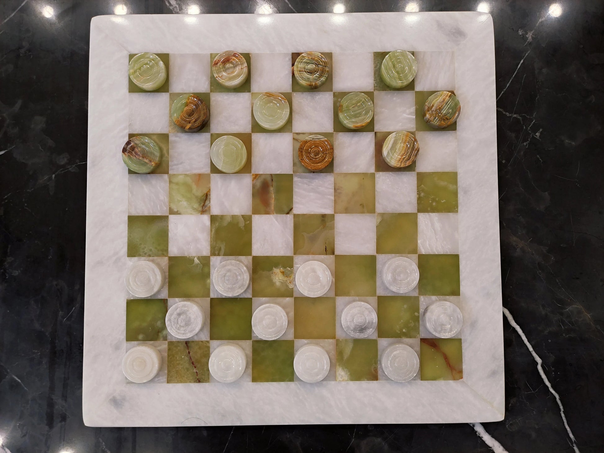 Handmade Onyx Green Marble Checkers Set – 15” Board | PinnacleVista