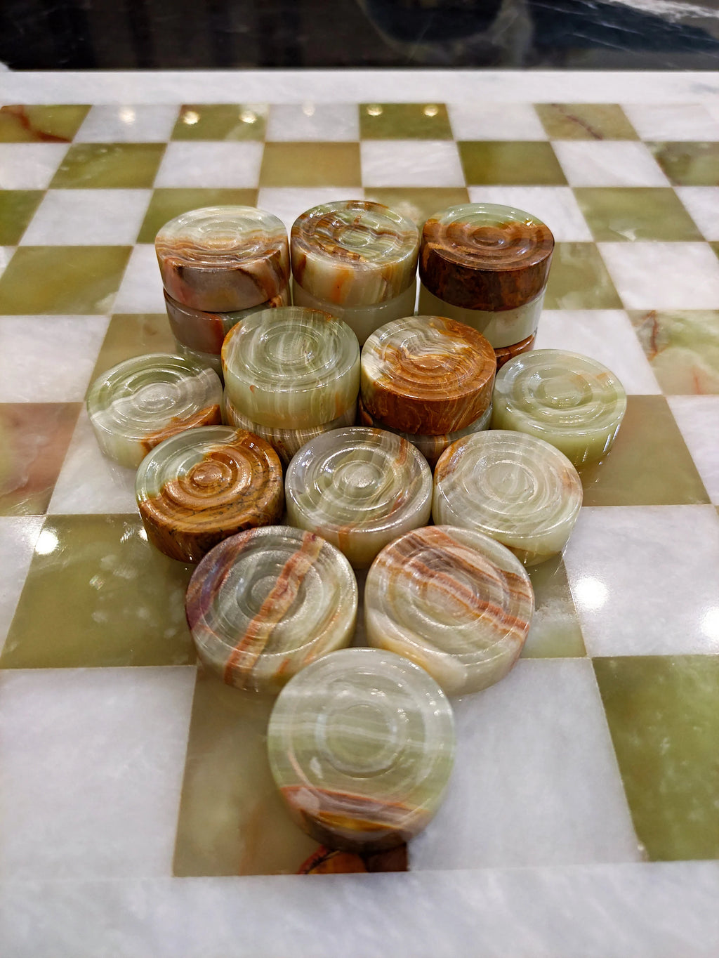 Handmade Onyx Green Marble Checkers Set – 15” Board | PinnacleVista