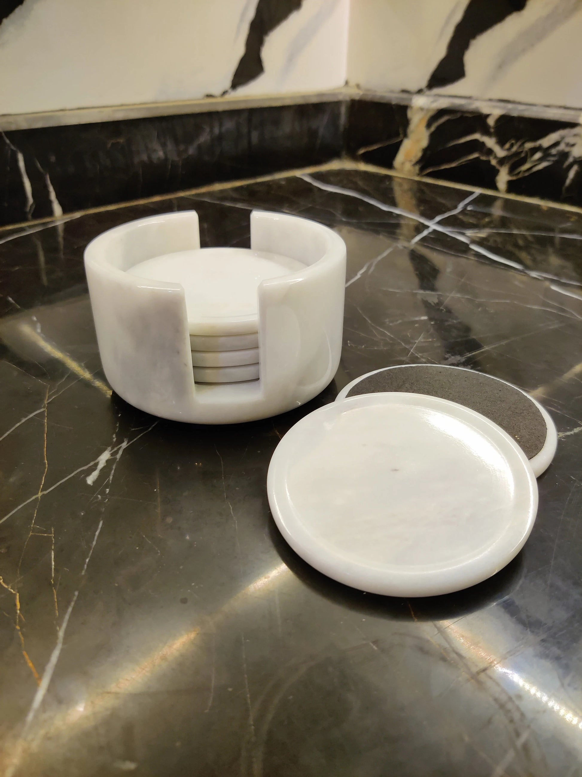 Handmade Black & White Marble Coasters Set with Holder – 6-Piece Elegant Round Drink Coasters for Home Decor, Bar & Table Protection | PinnacleVista