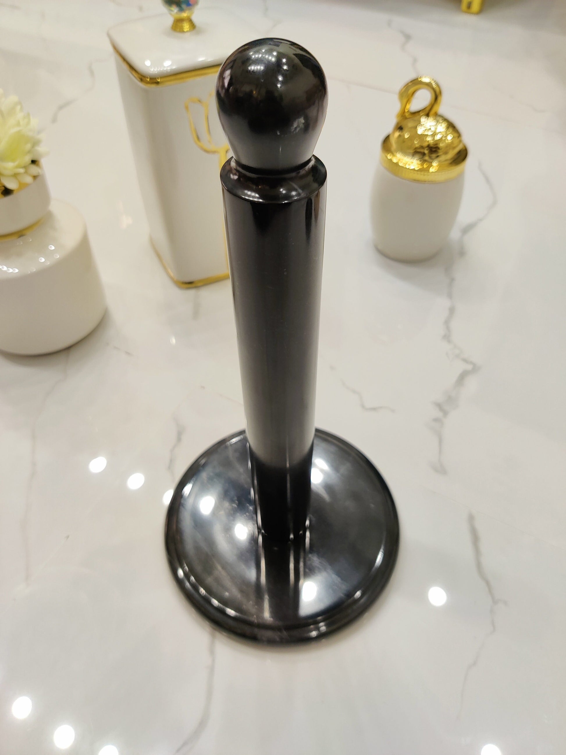 Handmade Marble Paper Towel Holder – Natural Black & White Stone Kitchen Roll Stand | Heavy Vintage Countertop Tissue Dispenser by PinnacleVista