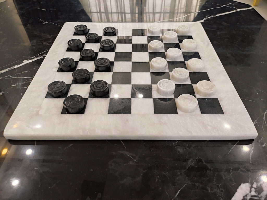Handmade Marble Checkers Set – 15" White & Black Draughts Board Game
