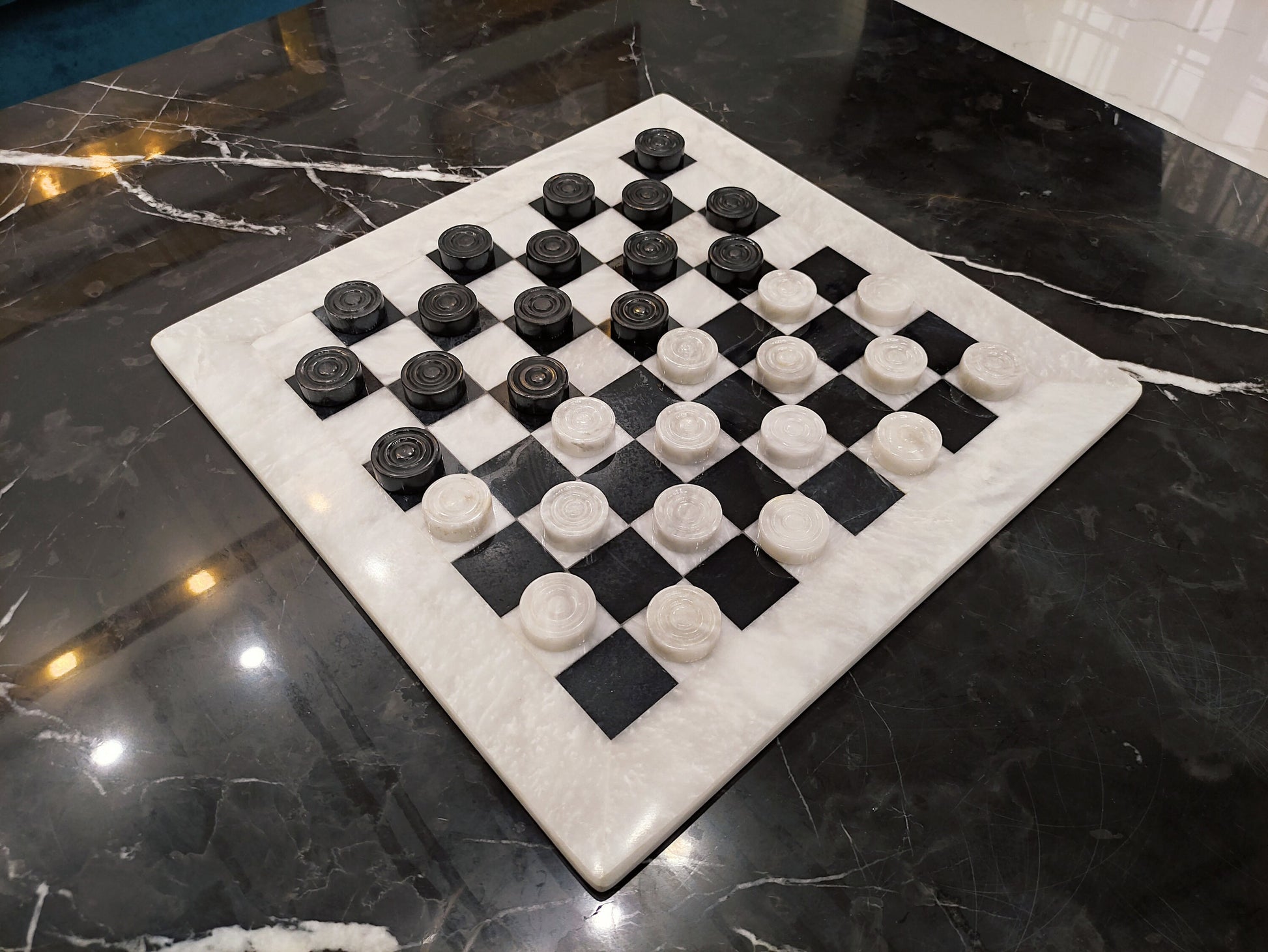 Handmade Marble Checkers Set – 15" White & Black Draughts Board Game