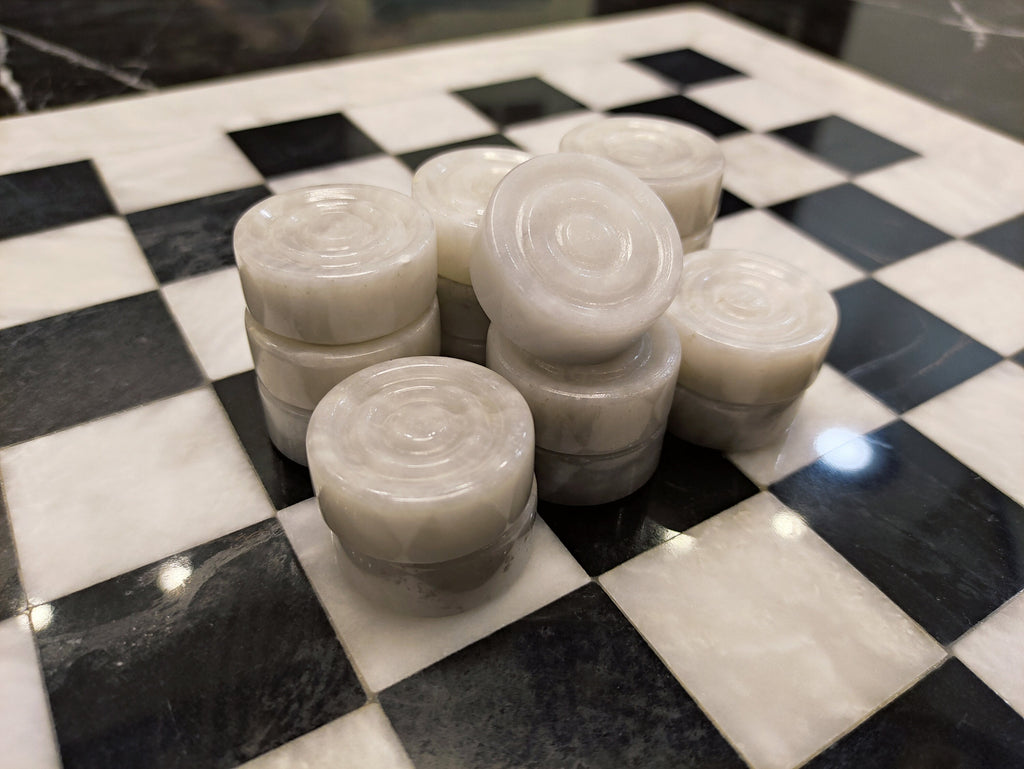 Handmade Marble Checkers Set – 15" White & Black Draughts Board Game