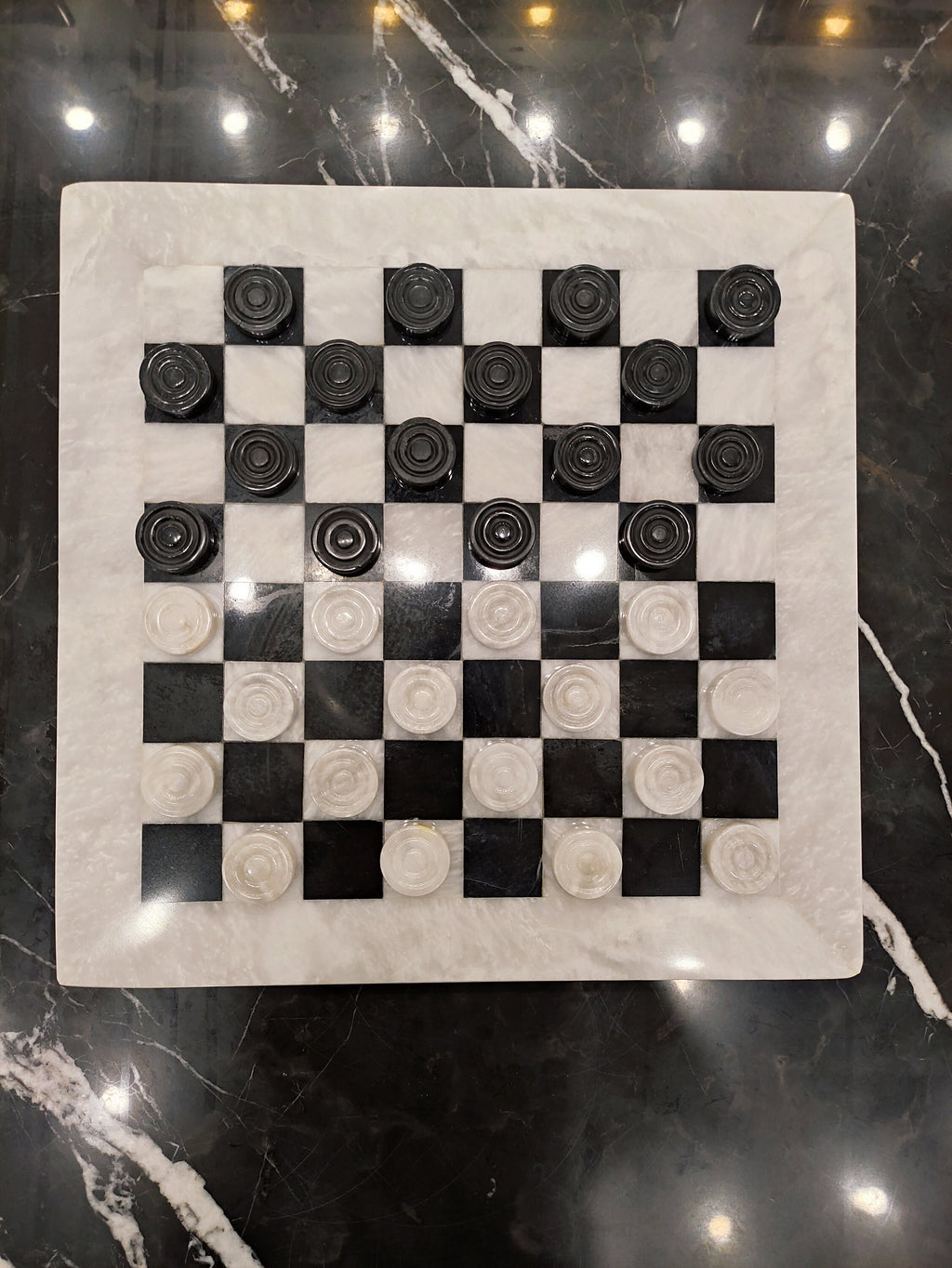 Handmade Marble Checkers Set – 15" White & Black Draughts Board Game