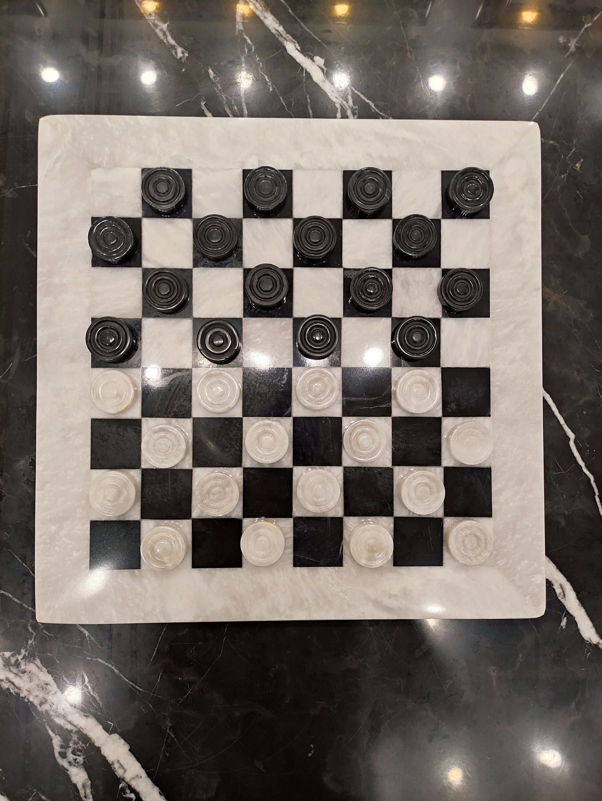 Handmade Marble Checkers Set – 15" White & Black Draughts Board Game