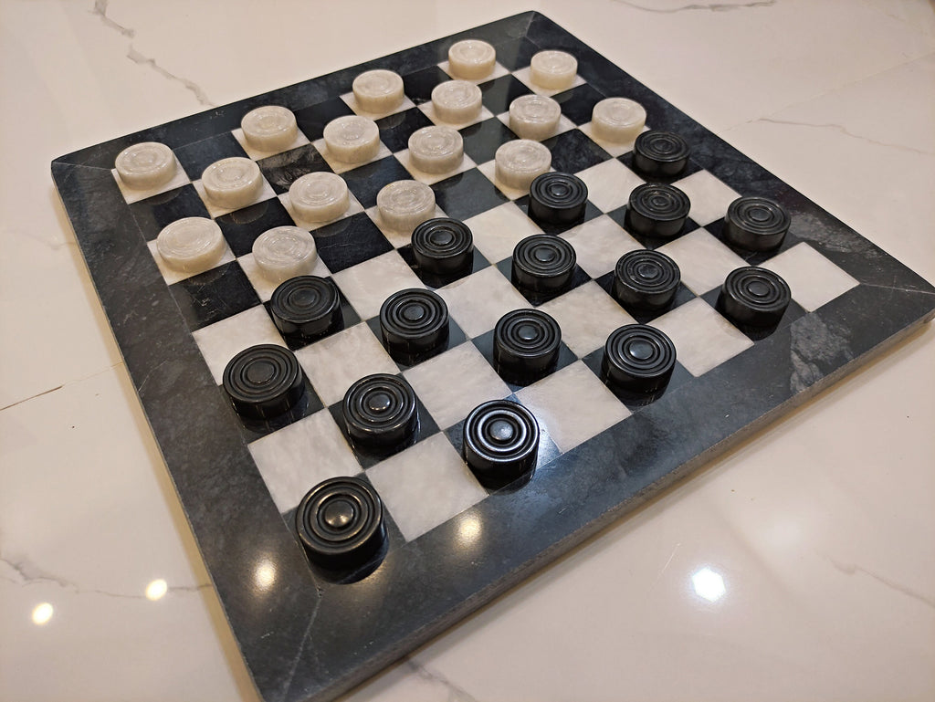 Luxury Handmade Marble Checkers Set – 15" Black & White Board Game