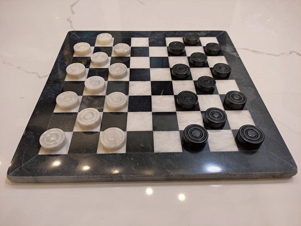 Luxury Handmade Marble Checkers Set – 15" Black & White Board Game