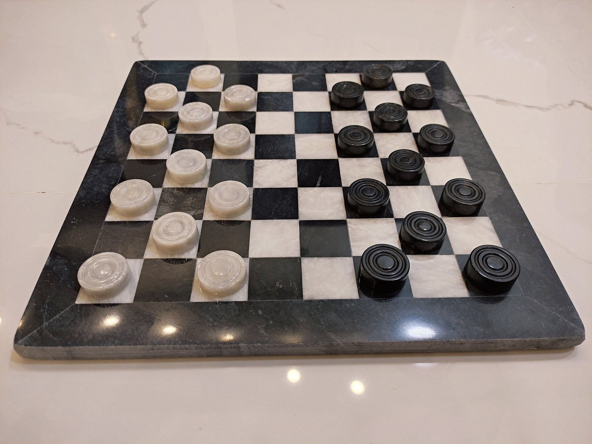 Luxury Handmade Marble Checkers Set – 15" Black & White Board Game