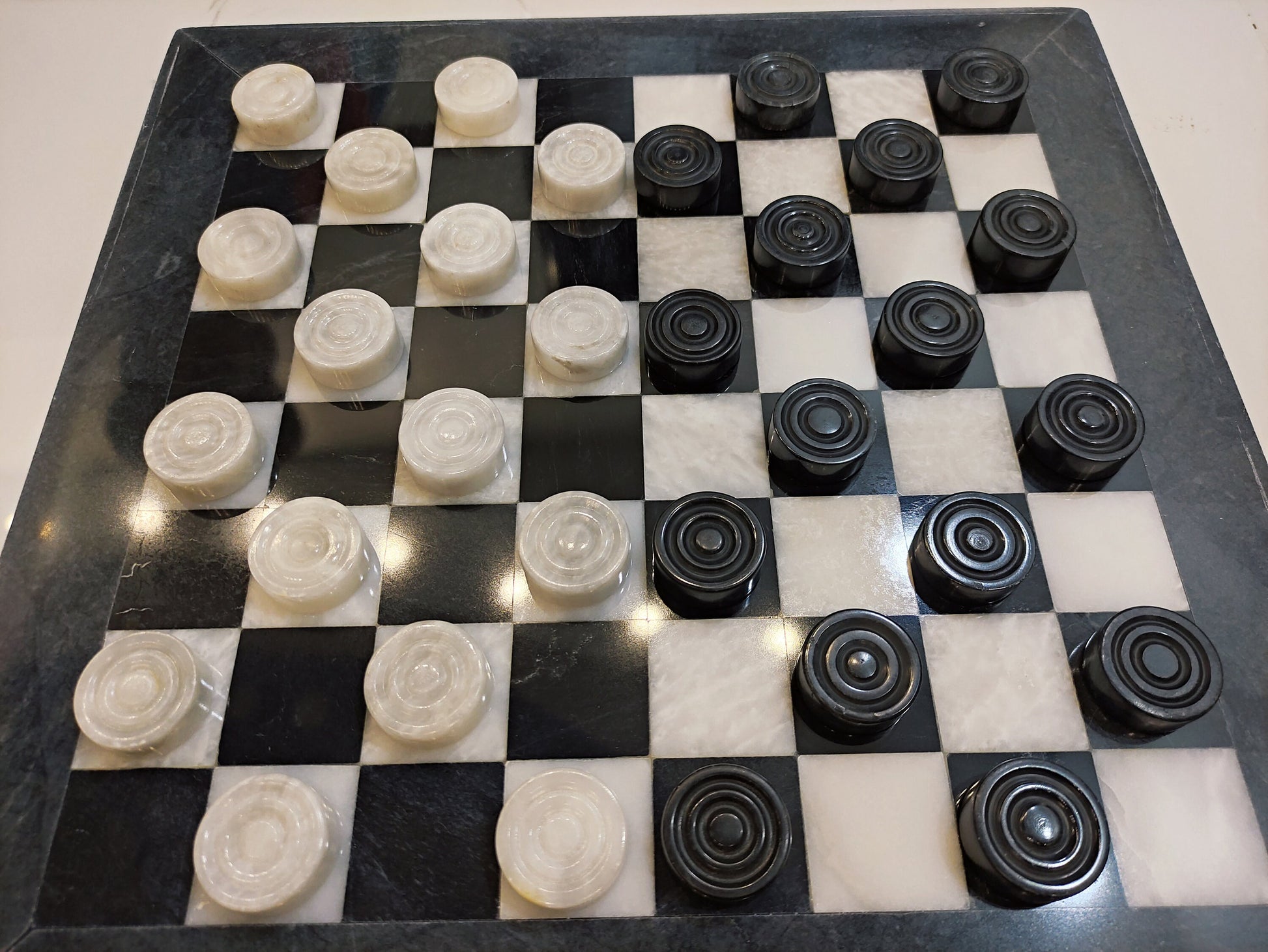 Luxury Handmade Marble Checkers Set – 15" Black & White Board Game