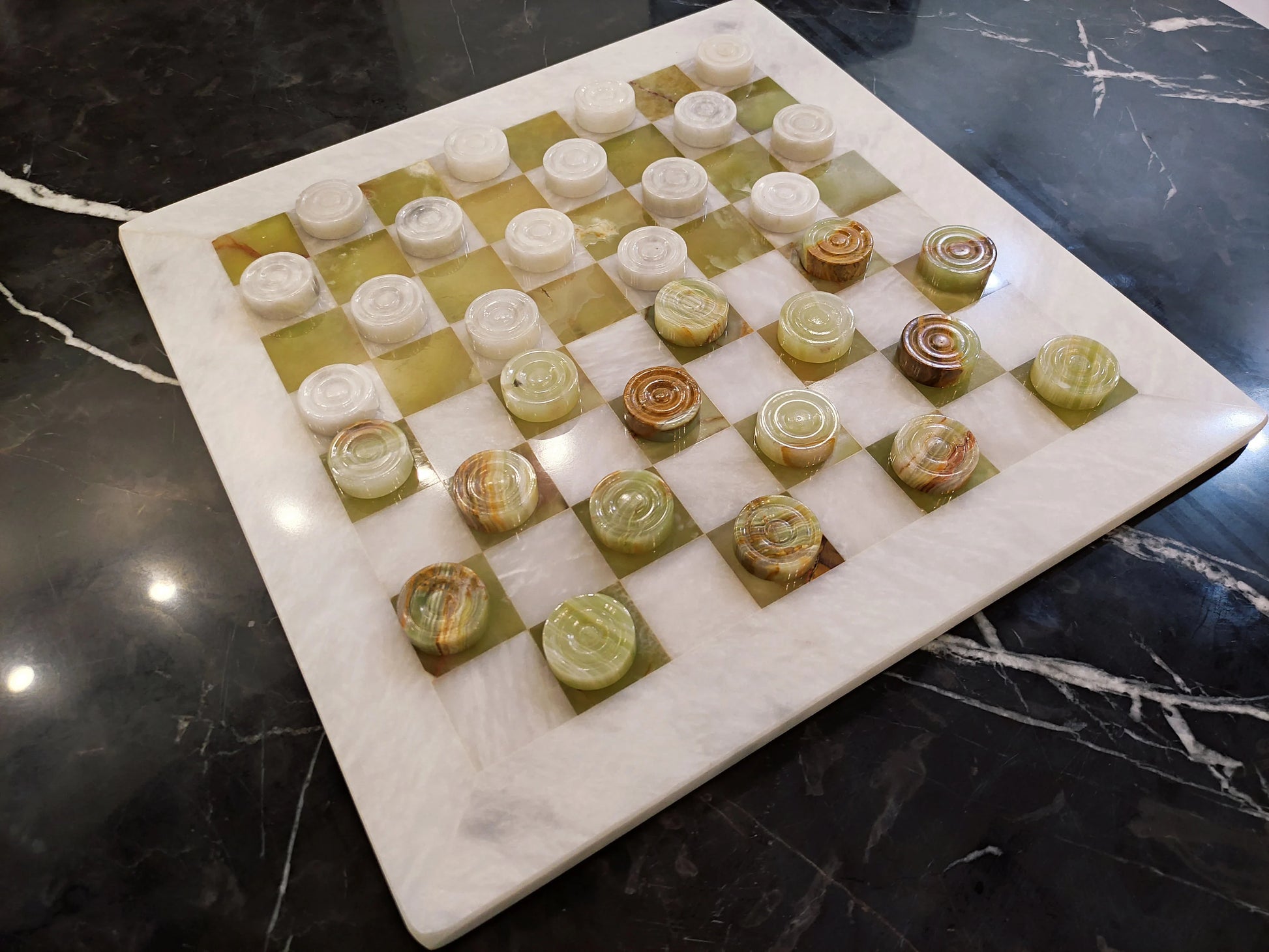 Handmade Onyx Green Marble Checkers Set – 15” Board | PinnacleVista