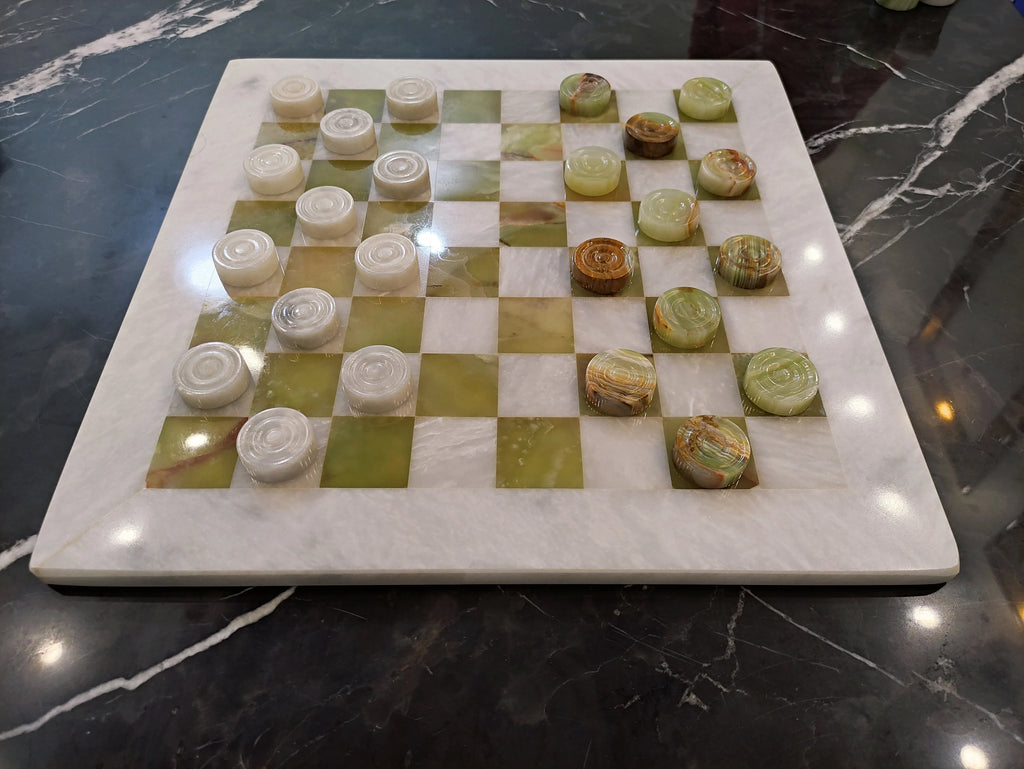 Handmade Onyx Green Marble Checkers Set – 15” Board | PinnacleVista