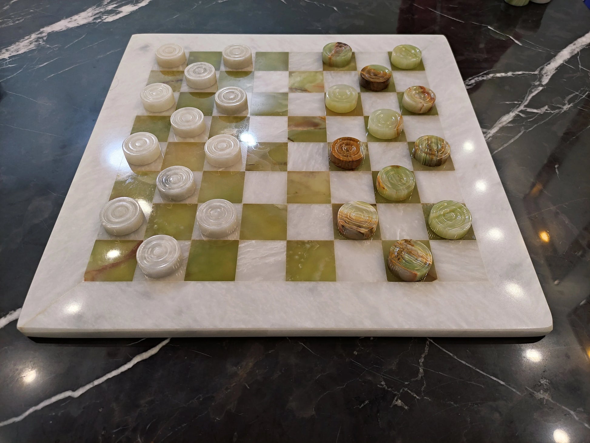Handmade Onyx Green Marble Checkers Set – 15” Board | PinnacleVista