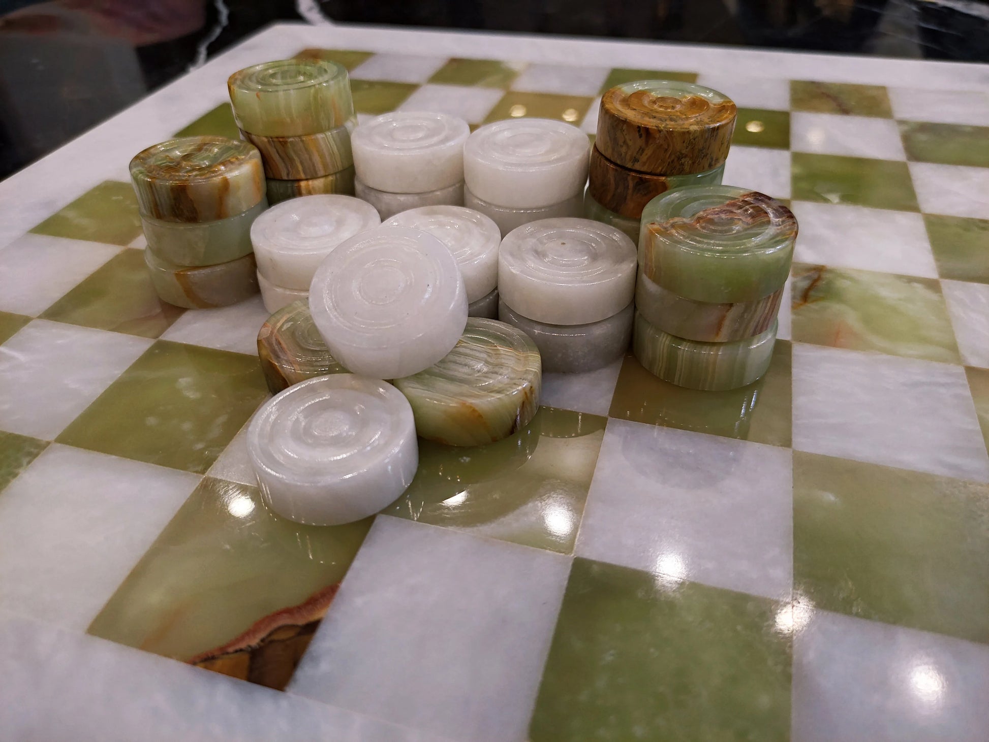 Handmade Onyx Green Marble Checkers Set – 15” Board | PinnacleVista