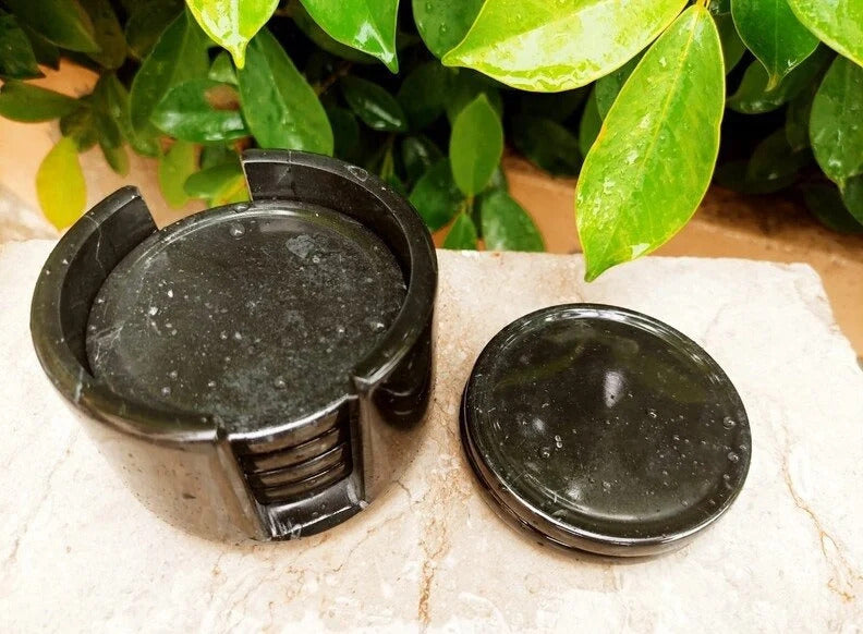 Handmade Black & White Marble Coasters Set with Holder – 6-Piece Elegant Round Drink Coasters for Home Decor, Bar & Table Protection | PinnacleVista