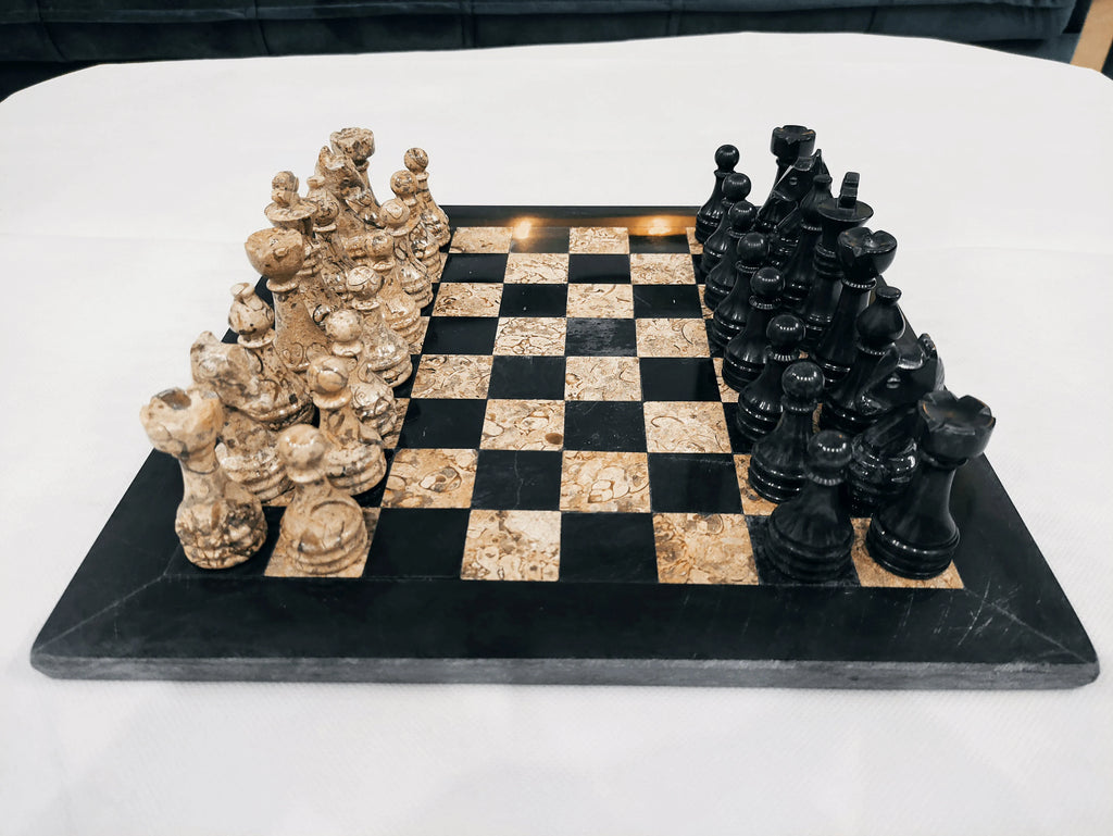 Queen’s Gambit Coral & Black Marble Chess Set – 12" & 16" | PinnacleVista