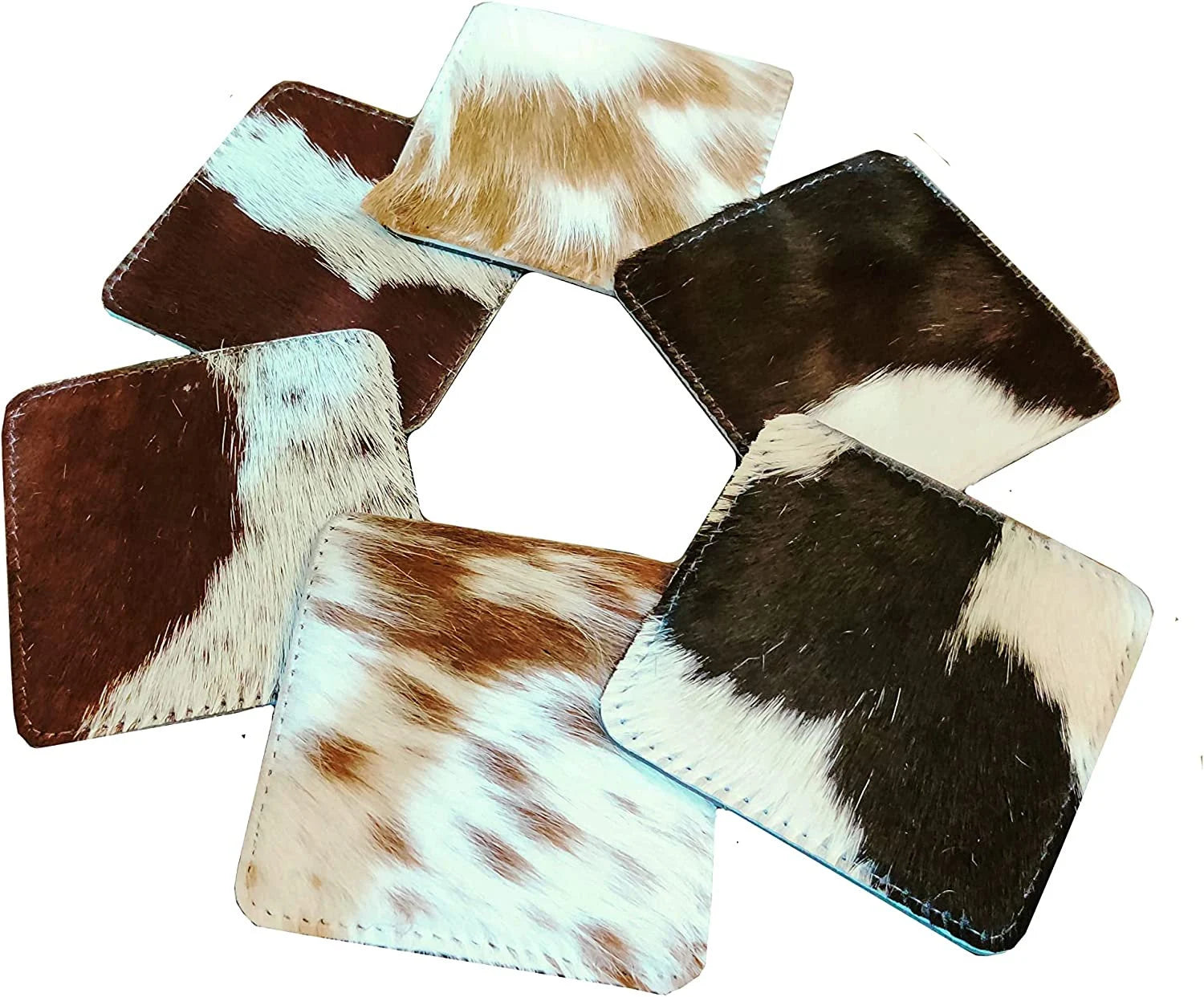 Real Cowhide Coasters Set Western Decor Cow Hide Leather Pack of 6 tea coasters coffee coasters
