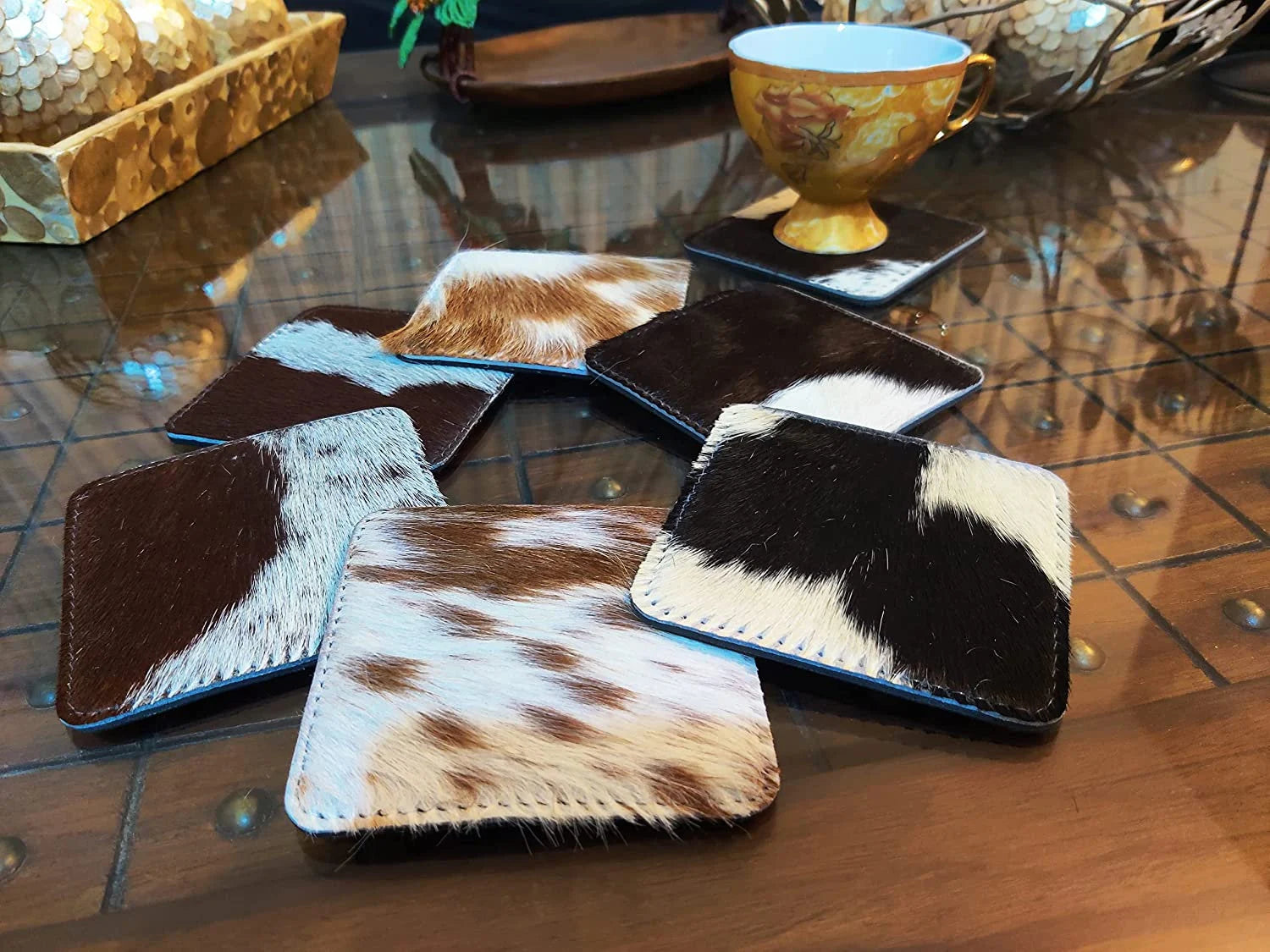 Real Cowhide Coasters Set Western Decor Cow Hide Leather Pack of 6 tea coasters coffee coasters