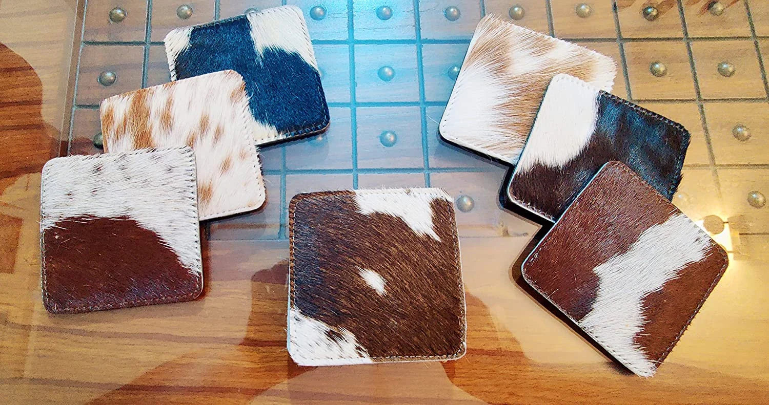 Real Cowhide Coasters Set Western Decor Cow Hide Leather Pack of 6 tea coasters coffee coasters