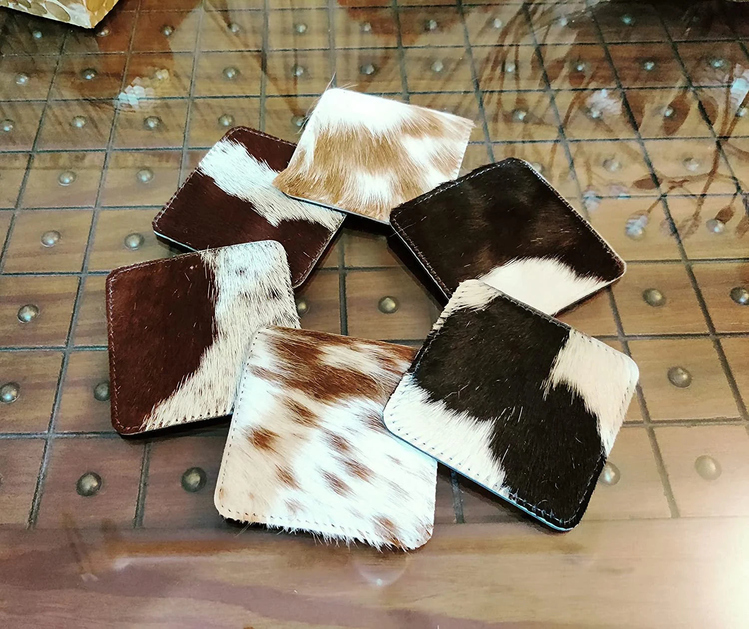 Real Cowhide Coasters Set Western Decor Cow Hide Leather Pack of 6 tea coasters coffee coasters