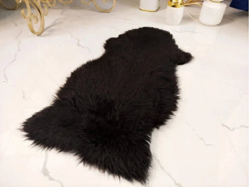 Genuine Sheepskin Rug – Real Wool Fur Throw in Ivory, Black & Champagne | 2x3 ft & Baby