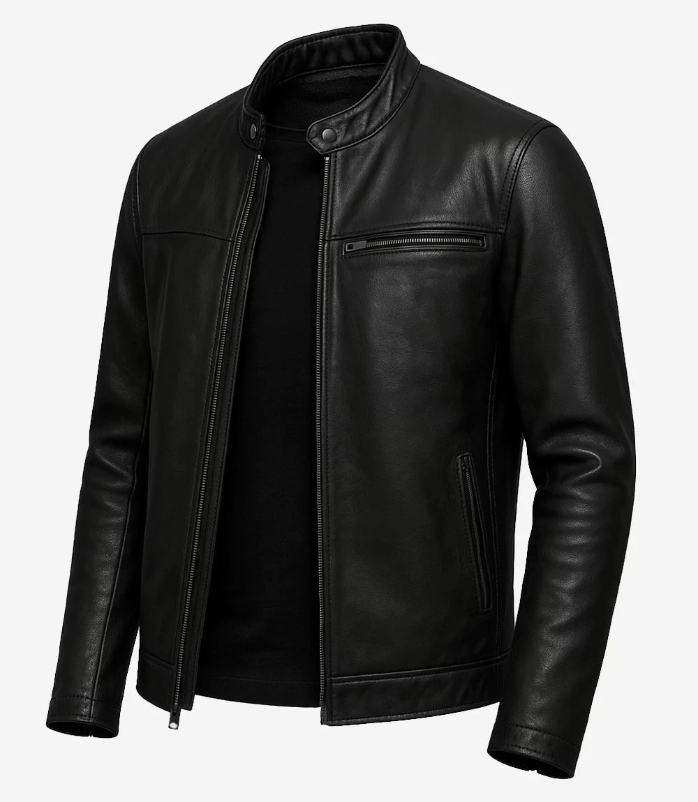 Men's Black Real Cowhide Leather Biker Jacket – Vintage Slim Fit Motorcycle Coat | Pinnacle Vista
