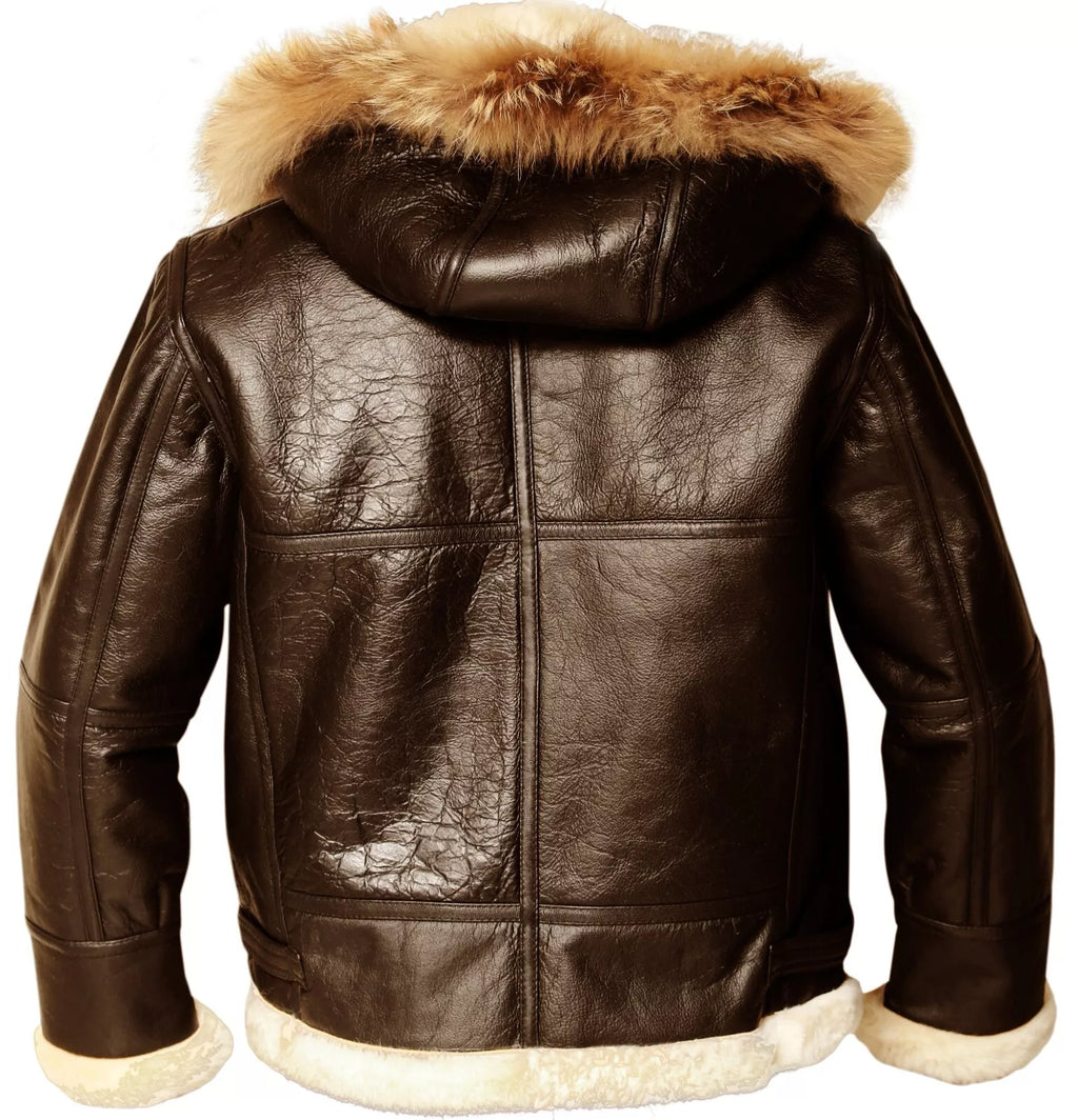 Men’s B3 Bomber Sheepskin Aviator Jacket with Removable Raccoon Fur Hood