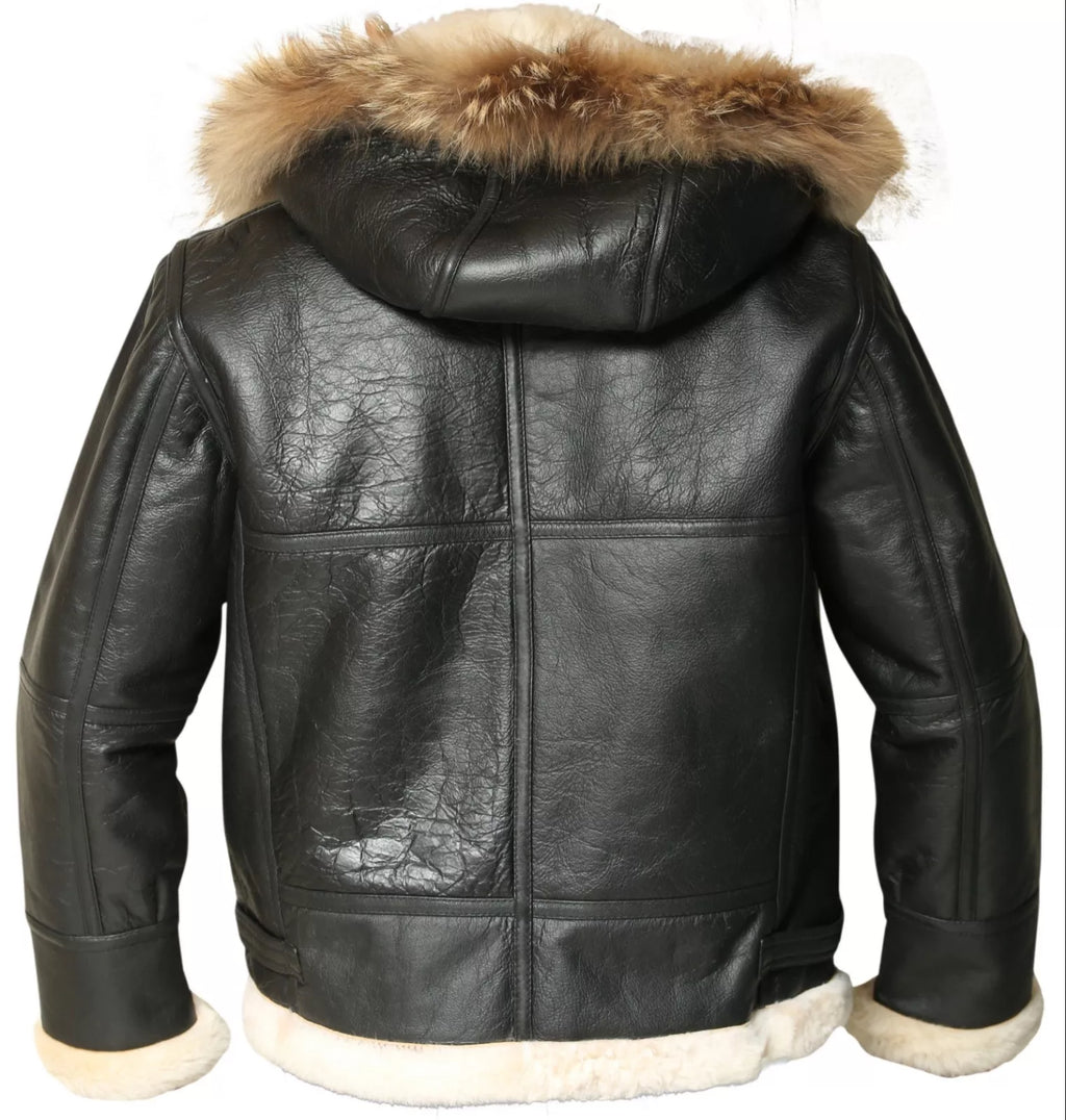 Men’s B3 Bomber Sheepskin Aviator Jacket with Removable Raccoon Fur Hood