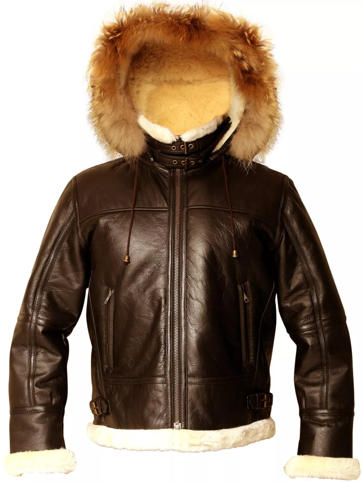 Men’s B3 Bomber Sheepskin Aviator Jacket with Removable Raccoon Fur Hood