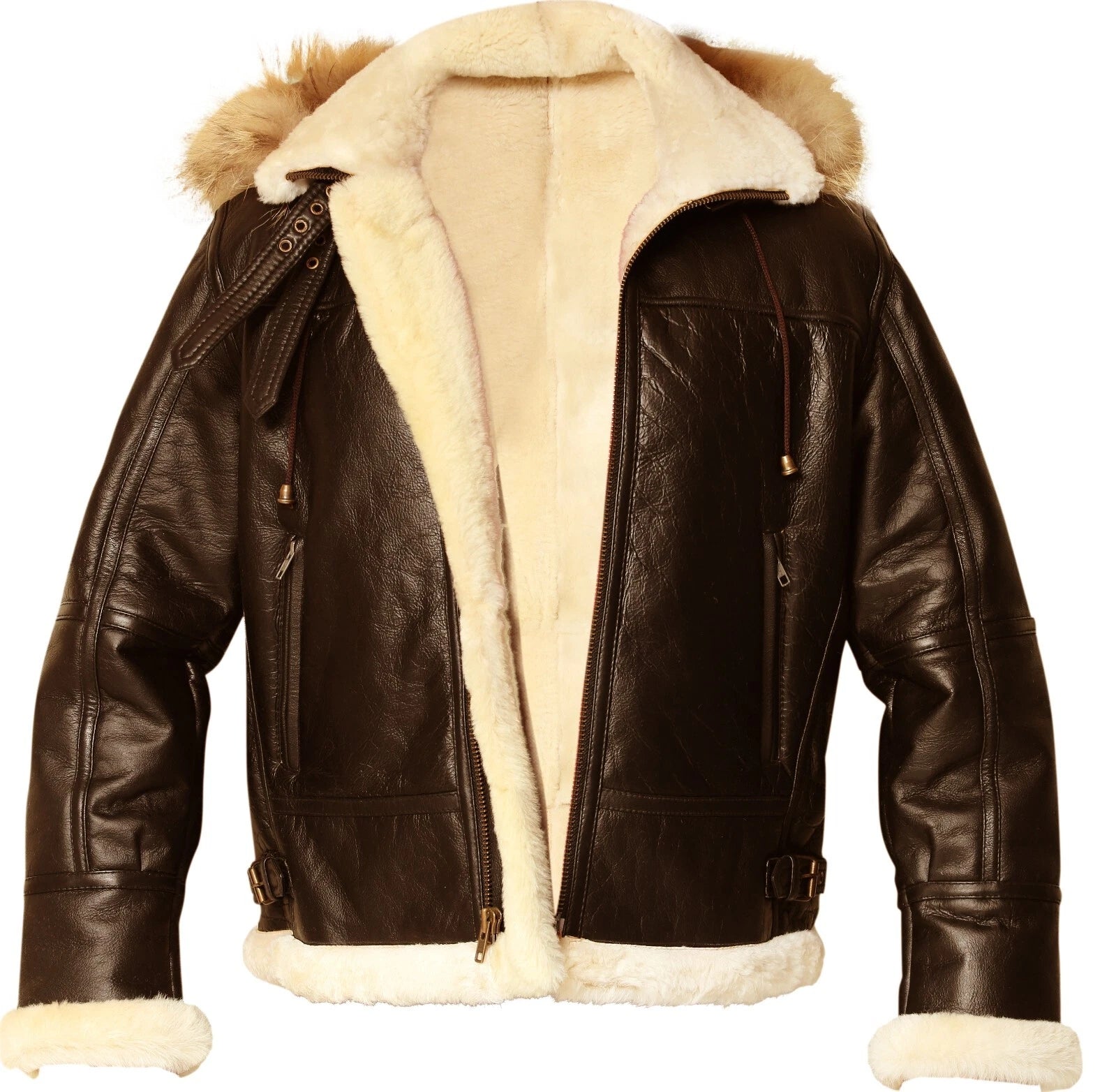 Men’s B3 Bomber Sheepskin Aviator Jacket with Removable Raccoon Fur Hood